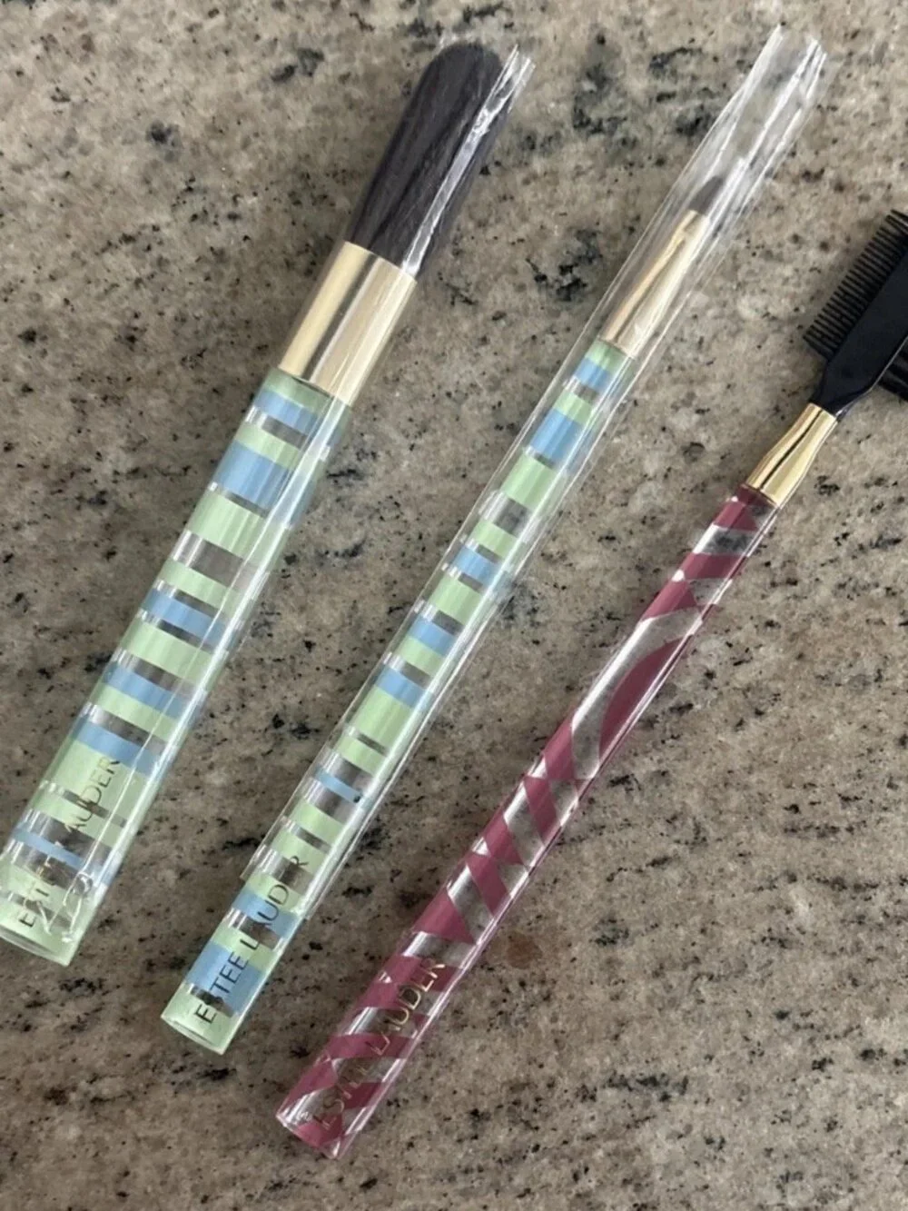 Estēe Lauder Brush Set Eye Bronzer Brow Lash Lot of 3 New Blue Pink Handles